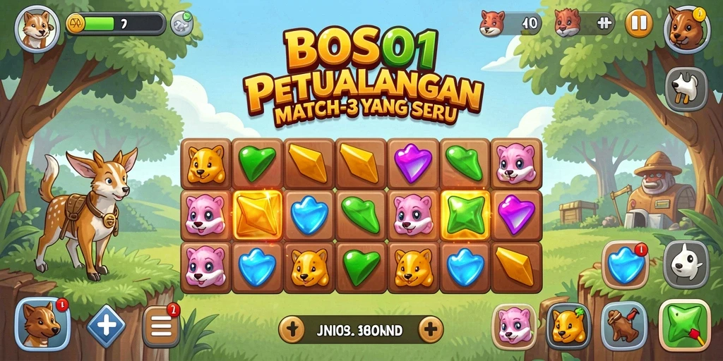 Gameplay BOS01 yang menampilkan petualangan seru dan pencocokan item.