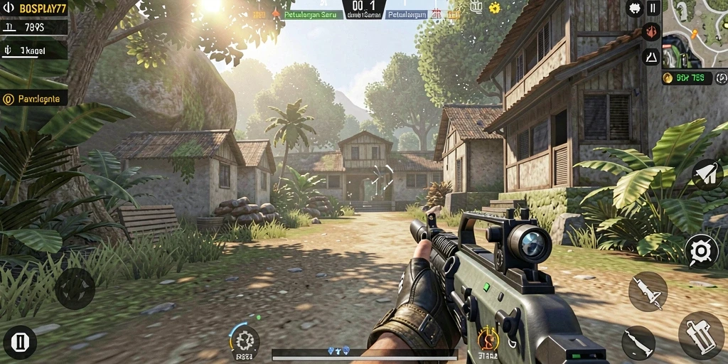 Screenshot utama BOSPLAY77 menampilkan aksi mendebarkan dalam gameplay TPS.