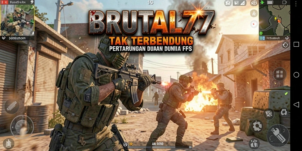 Tangkapan layar BRUTAL77 menampilkan pertempuran FPS mendebarkan di lapangan.