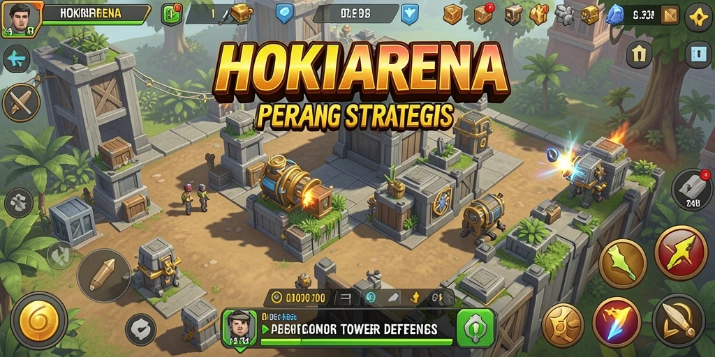 Screenshot utama HOKIARENA menampilkan aksi strategis dalam gameplay Tower Defense.