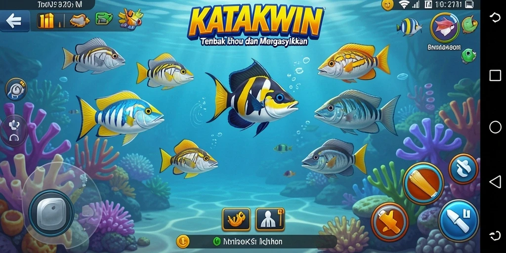 Screenshot utama KATAKWIN menampilkan aksi menembak ikan yang menarik.