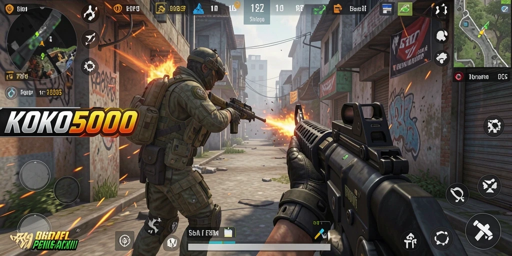 Screenshot gameplay KOKO5000 menunjukkan aksi tembak-menembak yang intens.