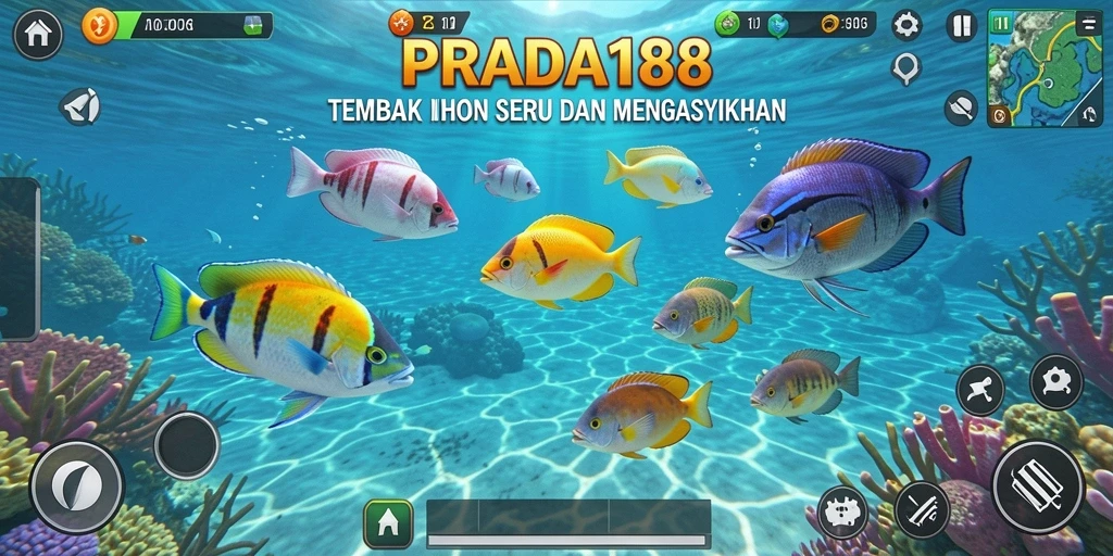 Screenshot gameplay seru dari PRADA188 yang menampilkan aksi menembak ikan.
