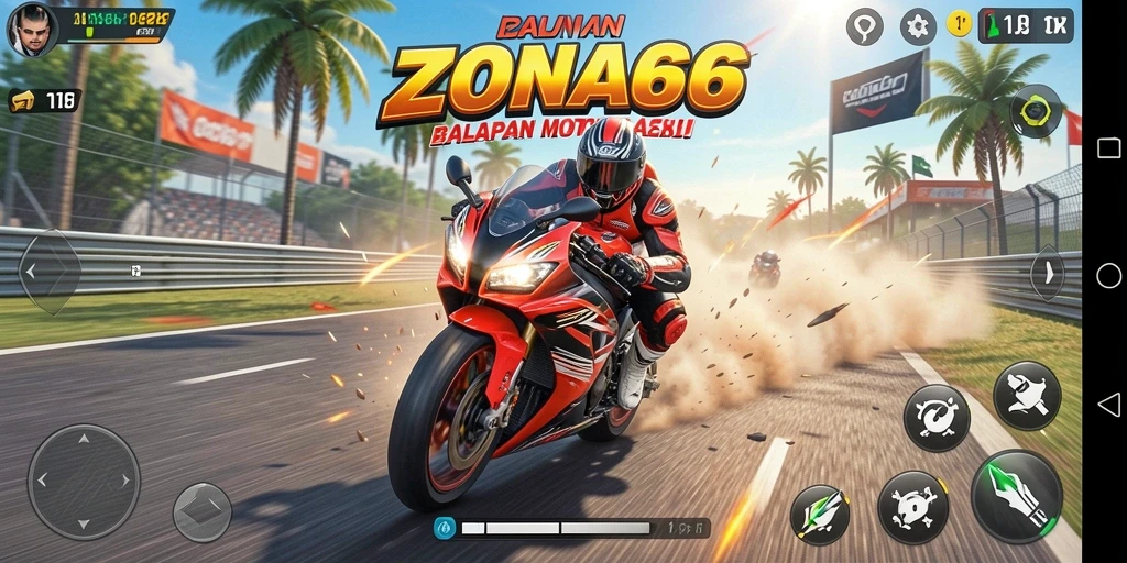 Gameplay seru ZONA66 dengan balapan motor yang mendebarkan.